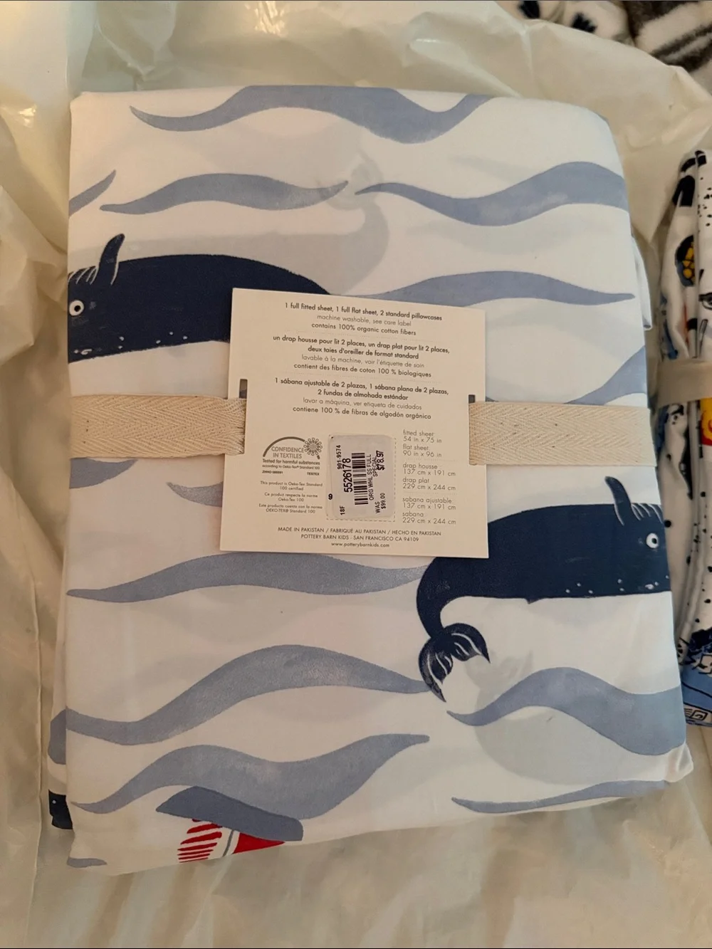 Pottery Barn Kids Nautical Whale Organic Sheet Set in White, Blue & Red